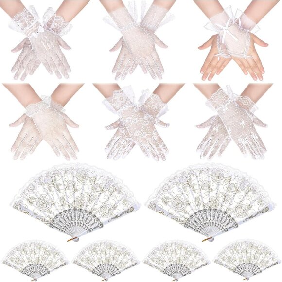 Vintage Lace Gloves 6 Pairs and Rose Hand Fans Set Elegant Wedding Party